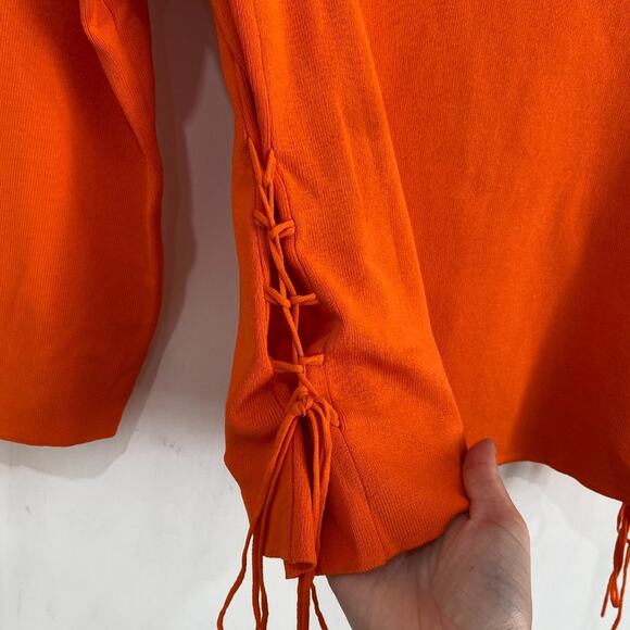 Y2K 2000s Cable & Gauge Orange Side Cinched Ruched Square Neck Knit Sweater L - Picture 5 of 7